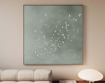 Salie groene vogels canvas muurkunst, ingelijste zwerm vogels print, Japandi decor, Wabi Sabi Japanse kunst, decor grote woonkamer, Zen Sky Art