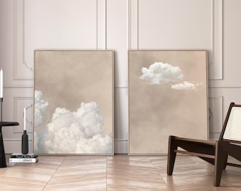 Beige Clouds Canvas Wall Art, Set of 2 Floating Frame, Extra Large Neutral Wall Art, Abstract Art, Living Room Decor, Housewarming Gift