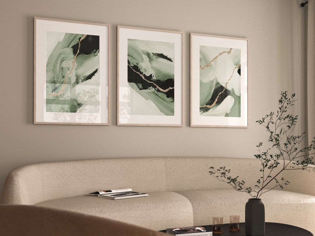 Sage Green Wall Art, Set of 3 Prints, Green and Gold, Abstract Art