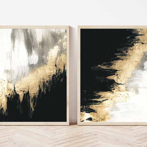 Black and Gold Wall Art Set of 3 Prints Beige Wall Art Etsy