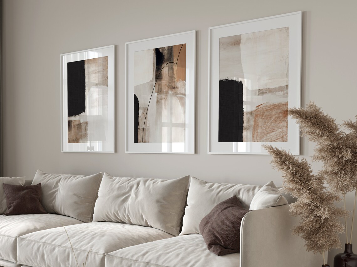 Set of 3 Prints Black Brown Abstract Art Living Room Decor - Etsy