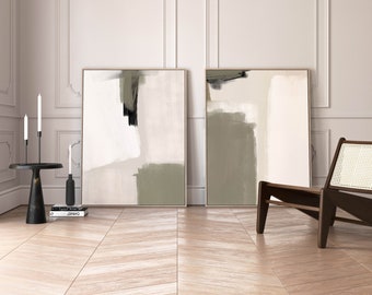 Framed Canvas Wall Art, Sage Green Decor, Set of 2 Abstract Art Print, Giclée, Large Wall Art, Painting, Minimalist, Neutral Wall Art