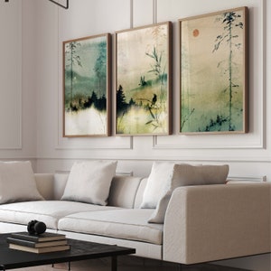 Japandi Art, Mountain Wall Art, Set of 3 Prints, Japanese Art, Minimalist Painting,  Giclée, Above Bed, Large, Neutral, Living Room Decor