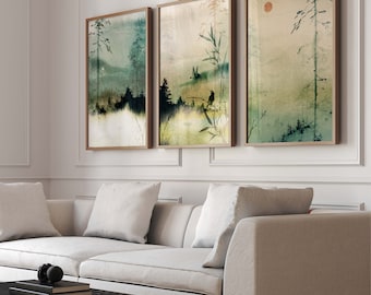 Japandi Art, Mountain Wall Art, Set of 3 Prints, Japanese Art, Minimalist Painting,  Giclée, Above Bed, Large, Neutral, Living Room Decor