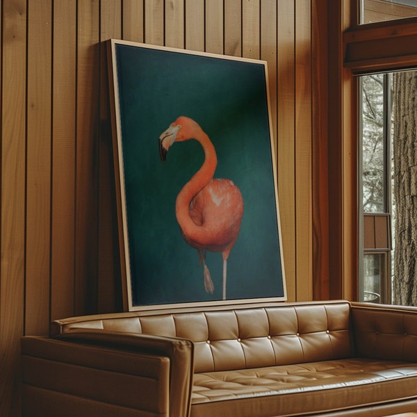 Green Flamingo Canvas Wall Art, Framed Art Print, Extra Large Wall Art, Maximalist Living Room Decor, Moody Tropical Art, Dark Green Decor