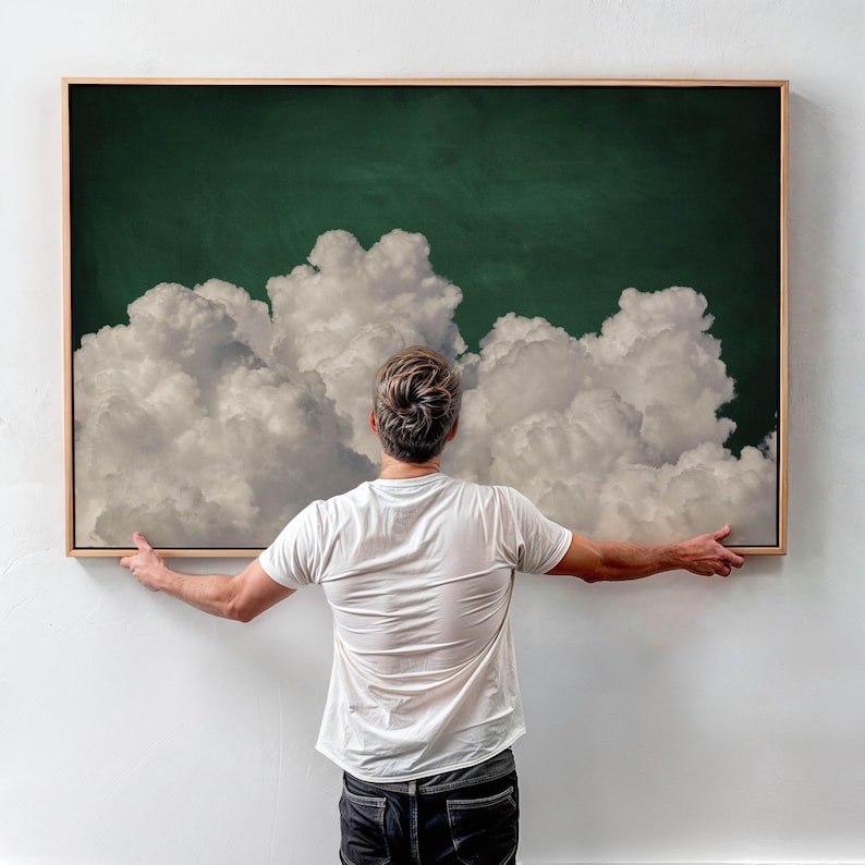 Above Bed Cloud Canvas Wall Art, Dark Green Horizontal Framed Art, Extra Large Bedroom Decor, Night Sky Art, Moody Wall Decor Over the Bed