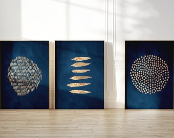 Navy Blue and Gold Wall Art · Set of 3 Prints · Abstract Art · Dark Blue Wall Art · Gallery Wall Set, Minimalist Wall Art, Living Room Decor