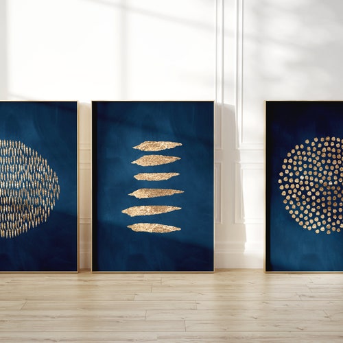 Navy Blue and Gold Wall Art Set of 3 Prints Abstract Art Etsy