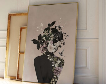 Flower Head Woman Wall Art, Botanical Print, Neutral, Floral Poster, Maximalist, Living Room Decor, Large Wall Art, Giclée, Aureous Original