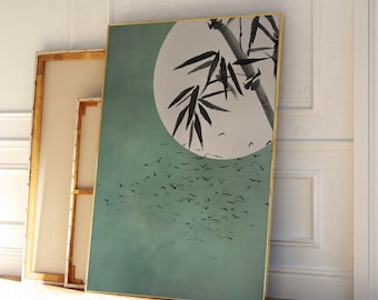 Impresión de arte de pared japonesa, pájaros voladores, decoración verde salvia, paisaje de bambú, decoración de la luna, decoración de la sala de estar, grande, arte japonés, zen, wabi sabi