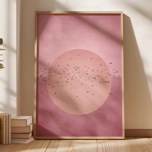 Impresión de arte de pared con bandada de pájaros en color rosa y sol, arte de pared, arte abstracto, decoración de sala de estar grande, arte de pared japonés, arte de dormitorio zen, arte japandi