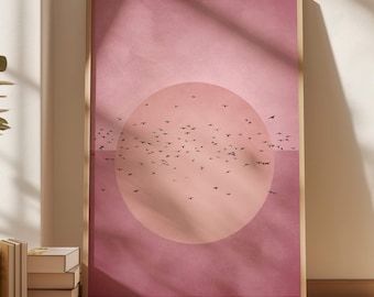 Pink Sun Flock of Birds Wall Art Print,  Wall Art, Abstract Art, Large Living Room Decor, Japanese Wall Art, Zen Bedroom Art, Japandi Art