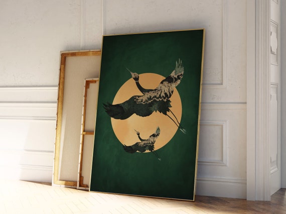 Emerald Green and Gold Wall Art, Japanese Art, Abstract Art