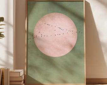 Mint Green Flying Birds Wall Art, Japandi Moon Art, Large Living Room Decor, Pink Wall Hanging, Lime Cream Decor, Sage Green Sky Art Print