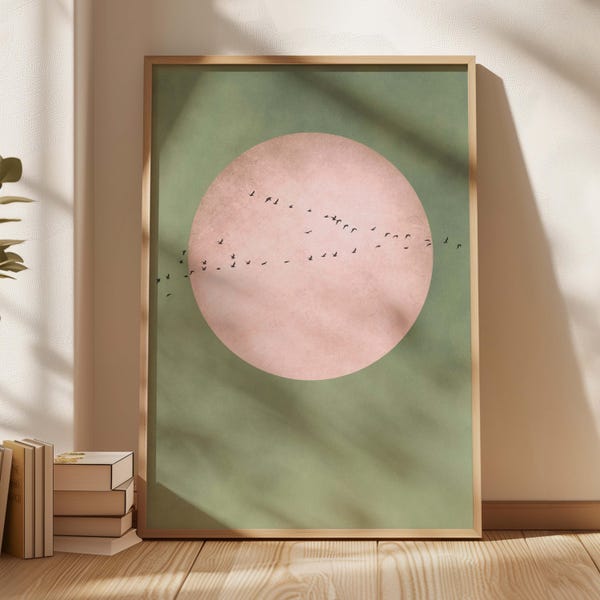 Mint Green Flying Birds Wall Art, Japandi Moon Art, Large Living Room Decor, Pink Wall Hanging, Lime Cream Decor, Sage Green Sky Art Print