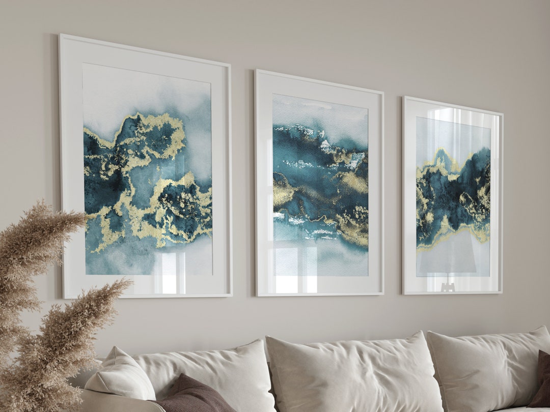 Teal Gold Wall Art Set of 3 Prints Gallery Wall Set Watercolour