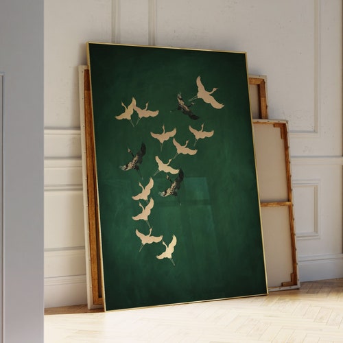 Green and Gold Japanese Wall Art · Cranes Japanese Print · Emerald Green Decor · Maximalist Wall Art · Eclectic Decor, Large Wall Art, Birds