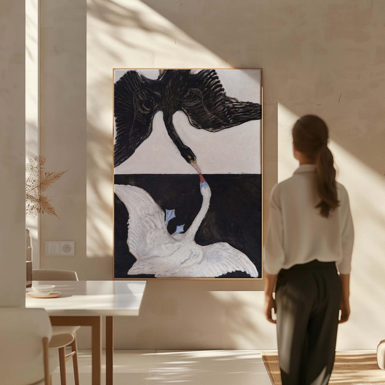 May include: A black and white painting of two swans, one black and one white, with their necks intertwined. The swans are depicted against a white and black background.