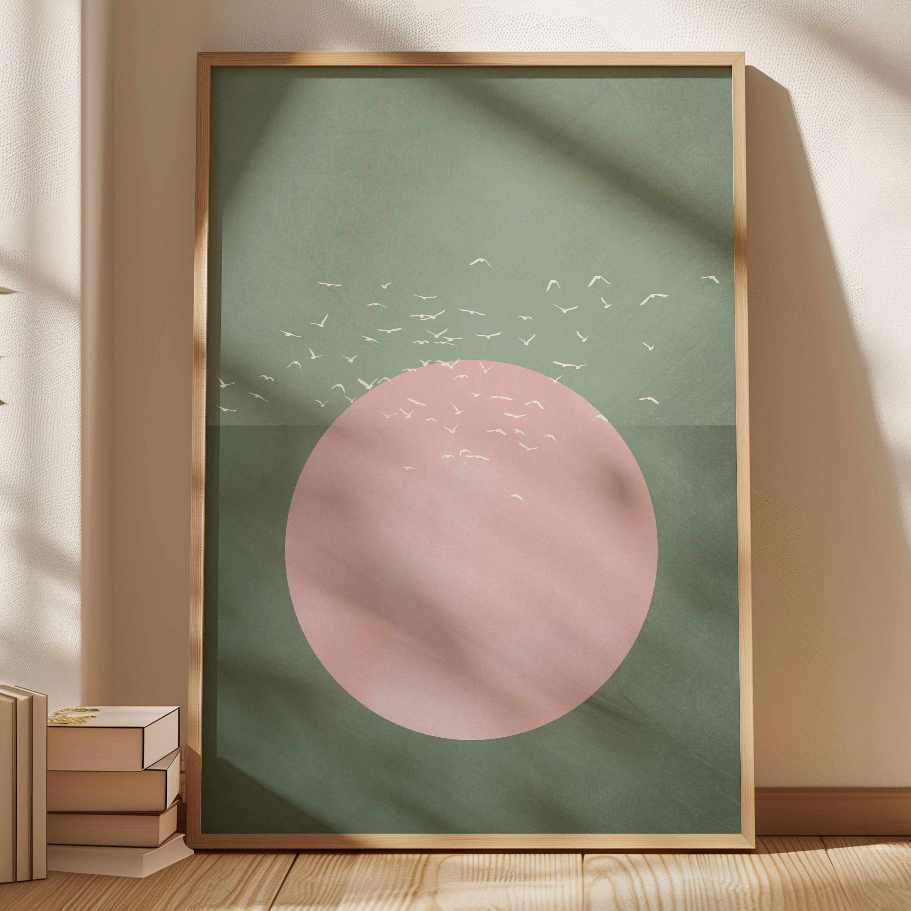 Sage Green Wall Art Print, Flying Birds and Sun Japandi Art Print