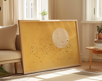 Yellow Flying Birds Wall Art Print, Japandi Sun Art, Abstract Landscape, Large Living Room Decor, Japanese Bedroom, Vibrant Above Bed Decor