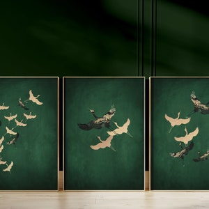 Gold and Green Japanese Wall Art Set of 3 Prints, Emerald Green Japanese Art Print, Crane Formation, Japandi Decor, Minimalist, Large