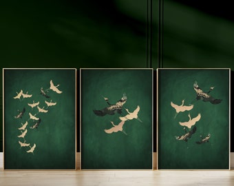 Gold and Green Japanese Wall Art Set of 3 Prints, Emerald Green Japanese Art Print, Crane Formation, Japandi Decor, Minimalist, Large