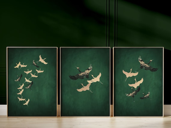 Gold and Green Japanese Wall Art Set of 3 Prints, Emerald Green