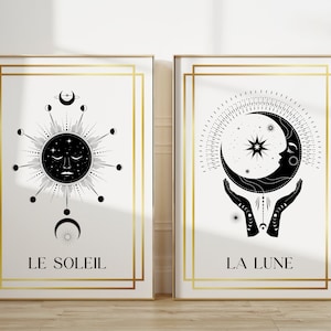 Arte de la pared del sol y la luna · Tarot Art Prints · Conjunto de 2 impresiones · Decoración Celestial · Arte Lunar · Boho Decoración · Dones Espirituales · Blanco y negro