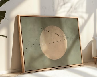 Olive Green Moon Canvas Wall Art, Flock of Birds Framed Art Giclée Print, Minimalist Artwork, Large Living Room Decor, Horizontal Sky Art