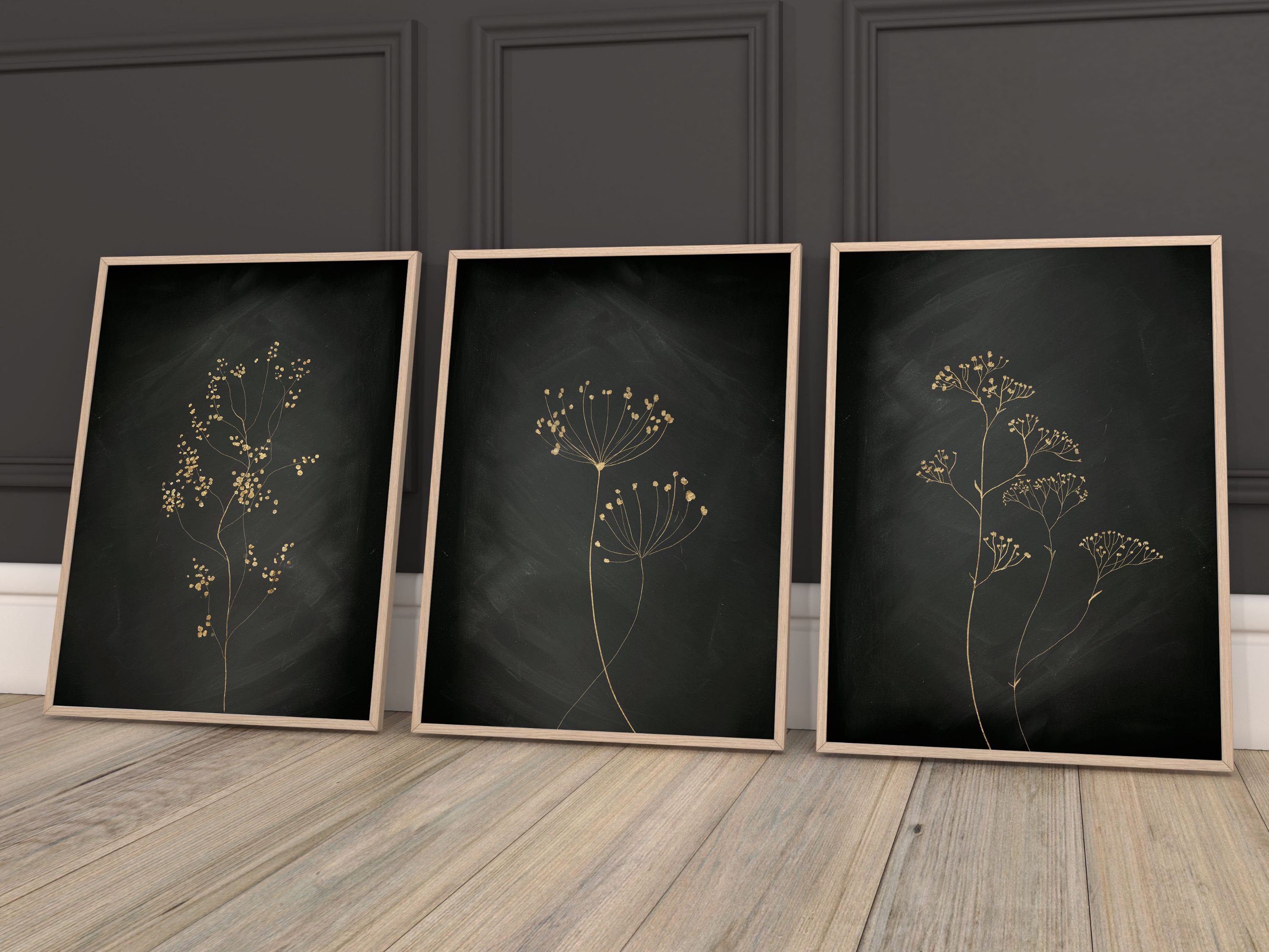 Black and Gold Botanical Wall Art, Set of 3 Prints, French Decor ...