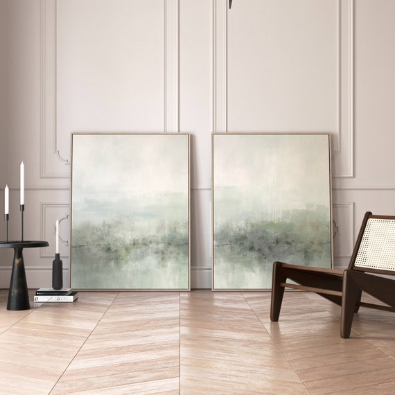 Sage Green Canvas Wall Art, Set of 2, Floating Framed Art Print, Abstract Landscape Painting, Extra Large Living Room Decor, Diptych Art