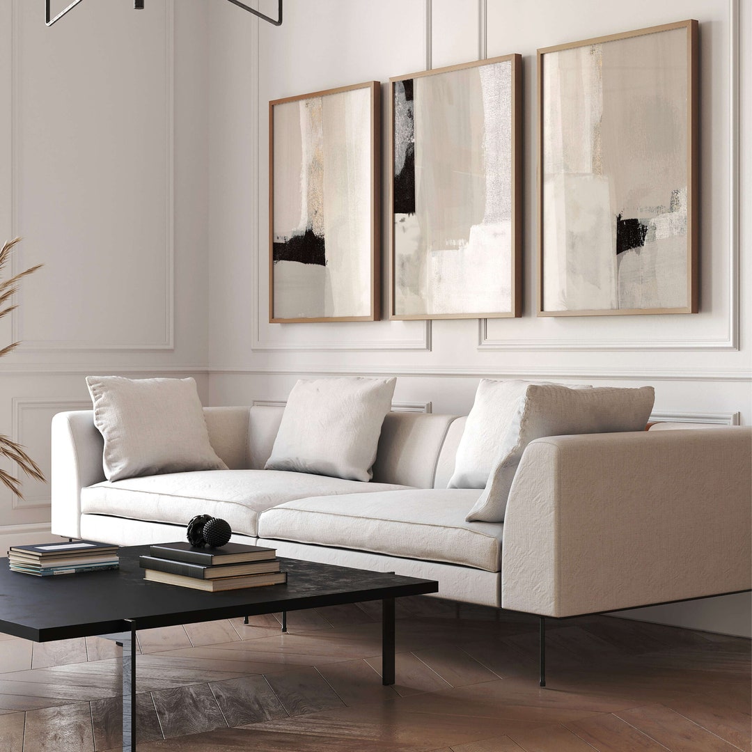 Neutral Wall Art Set of 3 Prints, Abstract Art, Painting, Black and ...