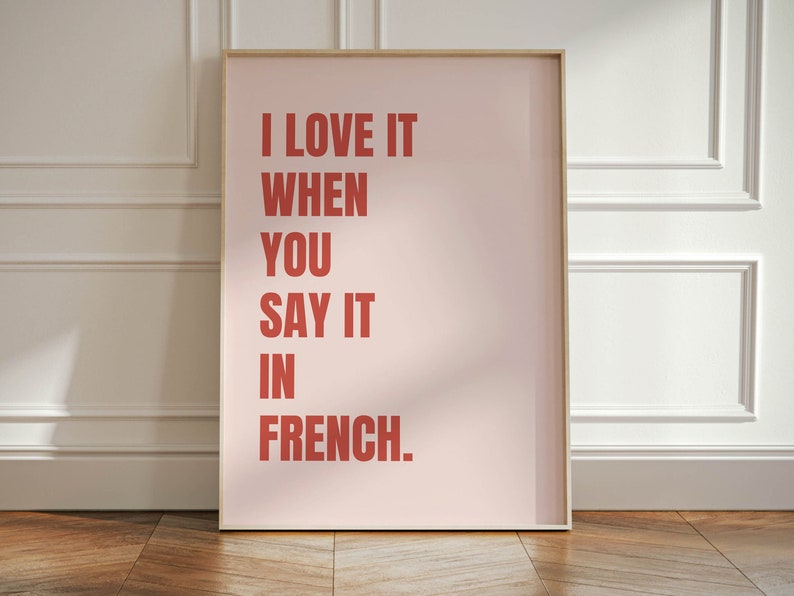 I Love You In French Art Print Pink and Red Wall Art Pop Art Gallery Wall Set Living Room Wall Decor Girlfriend Gift, Gift For Her image 1