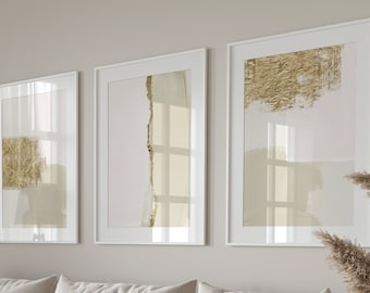 Beige och guld abstrakt väggkonst · Set med 3 tryck · Minimalistisk väggkonst · Galleriväggset · Vardagsrumsinredning · Beige estetisk inredning