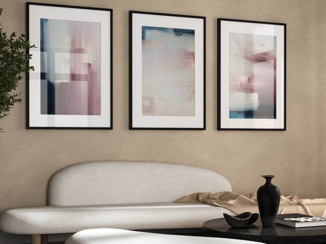 Pink and Navy Wall Art Set of 3 Prints Abstract Art Etsy