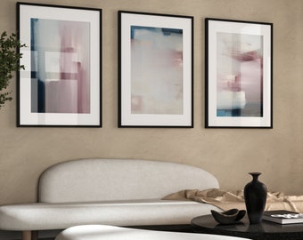 Pink and Navy Wall Art Set of 3 Prints · Abstract Art, Minimalist Wall Art, Gallery Wall Set, Living Room Wall Decor, Dark Blue Blush Pink