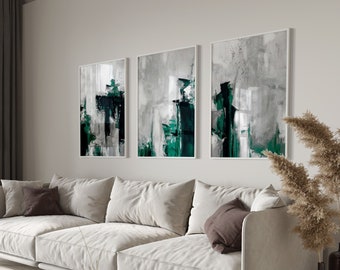 Jade Green Abstract Set of 3 Prints, Abstract Art, Gallery Wall Set, Living Room Decor, Abstract Painting Poster, Large Wall Art,