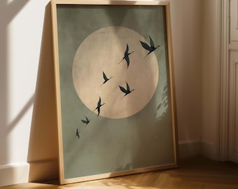 Sage Green Japandi Art Print, Flying Birds Wall Art, Abstract Sun Art, Living Room Decor, Large, Japanese Wall Art, Bedroom Decor