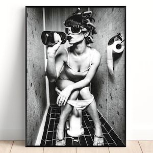 Bathroom Wall Decor · Woman Drinking on Toilet Print · Black and White Photography, Bathroom Wall Art, Bathroom Decor, Kitchen Print, Poster