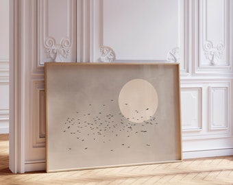 Neutral Flying Birds Wall Art Print, Beige Sun, Japandi Art, Abstract Landscape, Living Room Decor, Large, Japanese , Bedroom, Above Bed