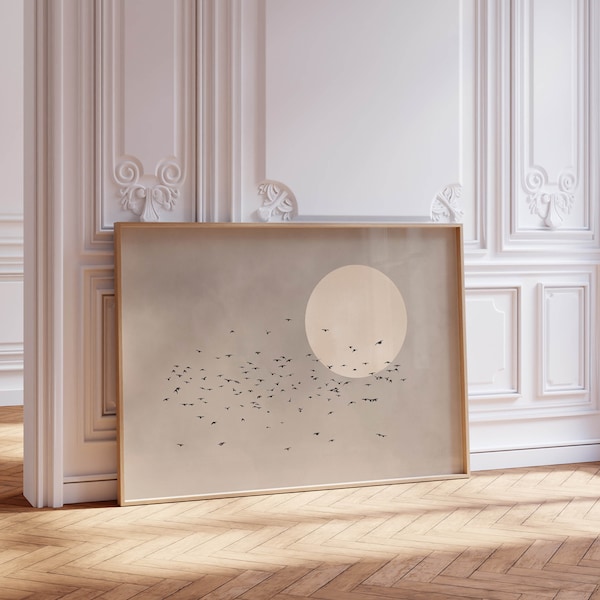 Stampa artistica da parete con uccelli volanti neutri, sole beige, arte giapponese, paesaggio astratto, decorazione per soggiorno, grande, giapponese, camera da letto, sopra il letto