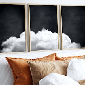 Black and White Cloud Wall Art, Set of 3 Prints, Monochrome, Above Bed Decor, Bedroom Decor, Cloud Poster, Minimalist Wall Art, Dreamy image 1