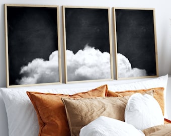 Black and White Cloud Wall Art, Set of 3 Prints, Monochrome, Above Bed Decor, Bedroom Decor, Cloud Poster, Minimalist Wall Art, Dreamy