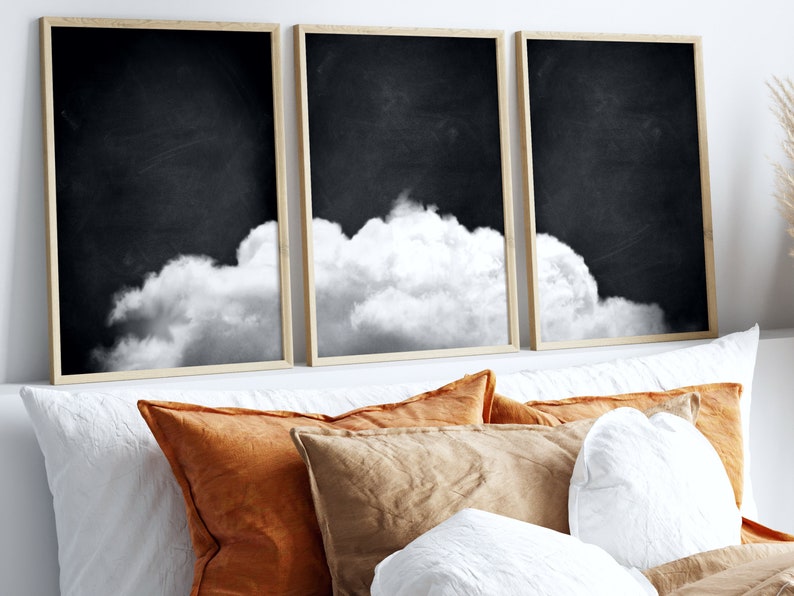 Black and White Cloud Wall Art, Set of 3 Prints, Monochrome, Above Bed Decor, Bedroom Decor, Cloud Poster, Minimalist Wall Art, Dreamy image 1