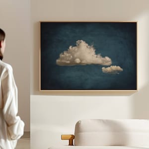 Impresión de lienzo con nubes azules melancólicas, arte de pared horizontal enmarcado, decoración extragrande para sala de estar, arte de pared minimalista abstracto, arte zen