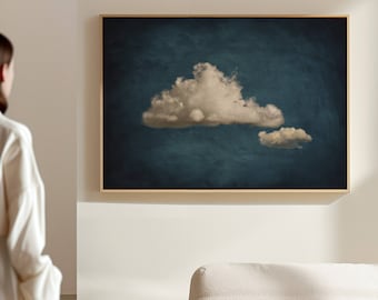 Vintage Blue Clouds Canvas Wall Art, Horizontal Framed Art, Large Living Room Decor, Abstract Minimalist Wall Art, Moody Night Sky Art Print