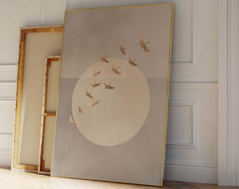 Gold Cranes Japanese Wall Art Print, Flock Flying Birds Print, Neutral Wall Art, Minimalist, Living Room Decor, Large Wall Art, Japandi Art