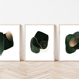 Green and Gold Wall Art Set of 3 · Abstract Art Prints · DIGITAL DOWNLOAD · Dark Green · Gallery Wall Set · Printable Wall Art · Gold Foil