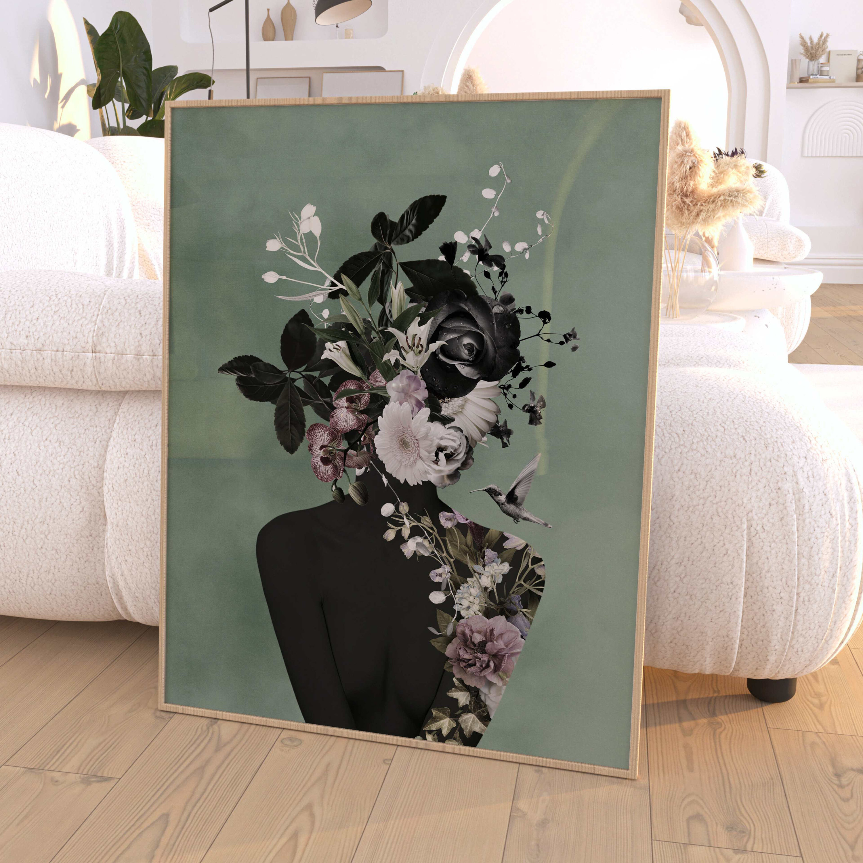 Flower Head Woman Wall Art Sage Green Decor Botanical Print