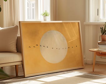 Yellow Flock of Birds Wall Art, Sun Art, Japandi Wall Art, Large Living Room Decor, Horizontal Wall Art, Sunset Print, Vibrant Zen Decor